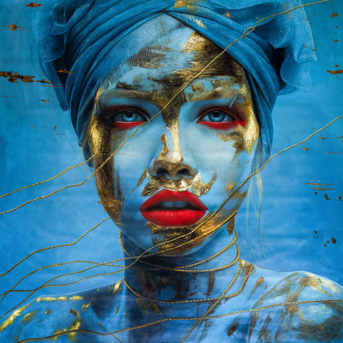 A stylized portrait of a woman with a blue headwrap, blue face paint, gold leaf-like splatter, and bright red lips against a blue background.
