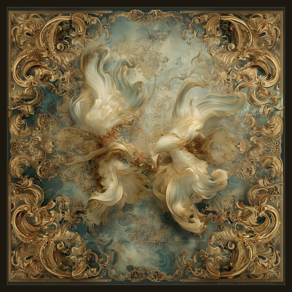 Dance of Ivory Plumes – silk scarf by Jehan Legac