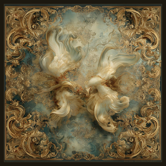 Dance of Ivory Plumes – silk scarf by Jehan Legac