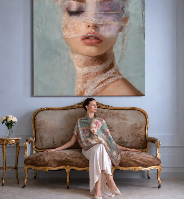 Model on a gilded sofa wearing a Pink Flower silk scarf by Jehan Legac Art